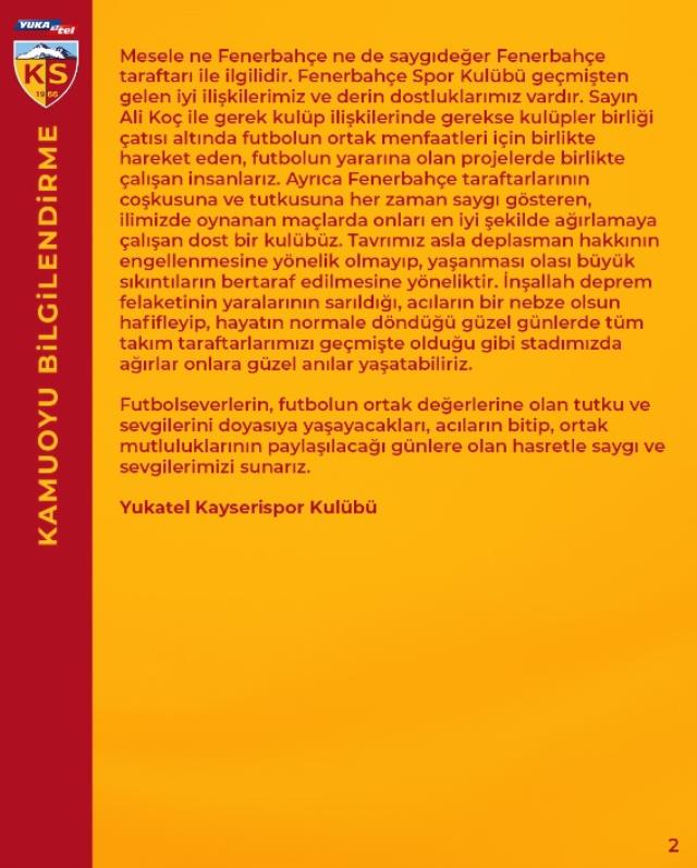 Kayserispor'dan Fenerbahçe maçı açıklaması: Mesele Fenerbahçe taraftarı ile ilgili değildir