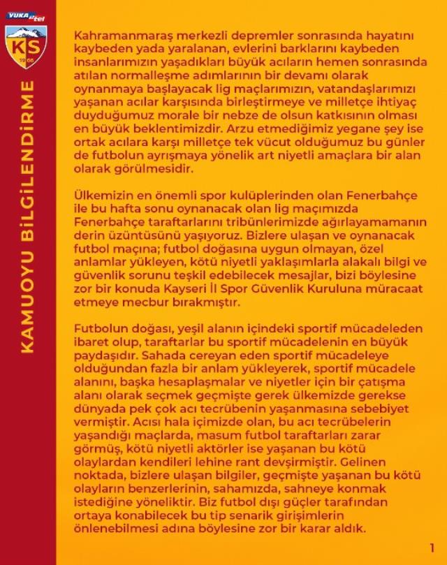 Kayserispor'dan Fenerbahçe maçı açıklaması: Mesele Fenerbahçe taraftarı ile ilgili değildir