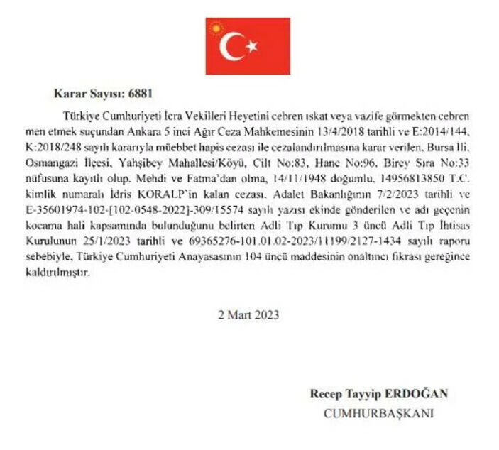 Cumhurbaşkanı Erdoğan üç hükümlünün cezasını kaldırdı