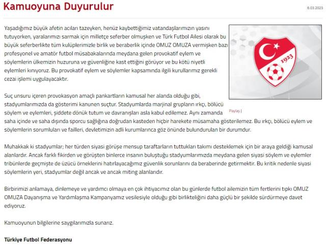 TFF'den provokatif eylemlere karşı kınama mesajı