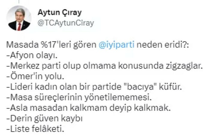 İYİ Partili Aytun Çıray'dan itiraf: Oylar çok düştü toparlayamıyoruz